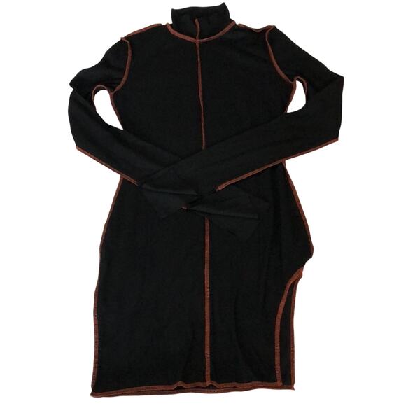 90's Form-fitting Ribbed Bodycon Asian Sweater Dress Slit Thigh Rough Seams SZ L - Picture 1 of 13